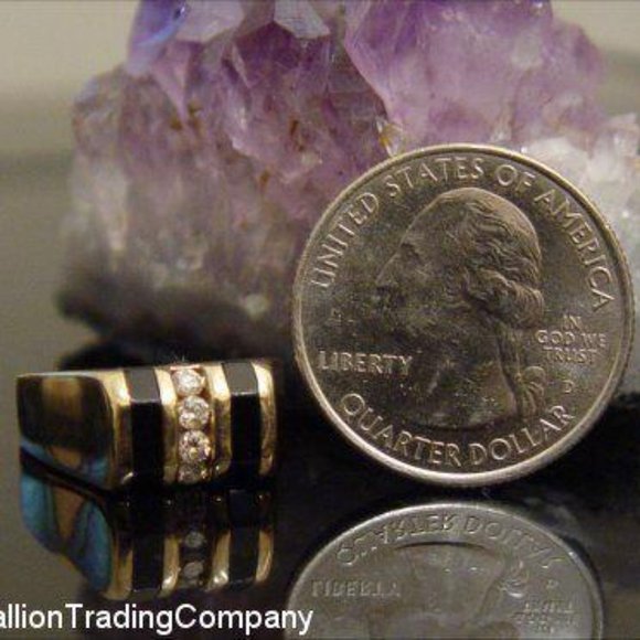 Heavy 14k Yellow Gold Tension Set .20 carat Diamond Inlaid Onyx Stripe Band Ring - Picture 4 of 5